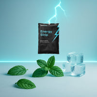Energy strip packaging with mint leaves and ice cubes on a blue background