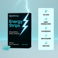 SparkStrips Energy Strips packaging with product details on a light blue background