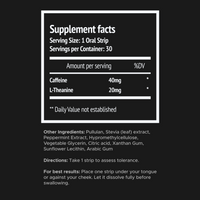 Supplement facts label with caffeine and L-theanine content on a black background